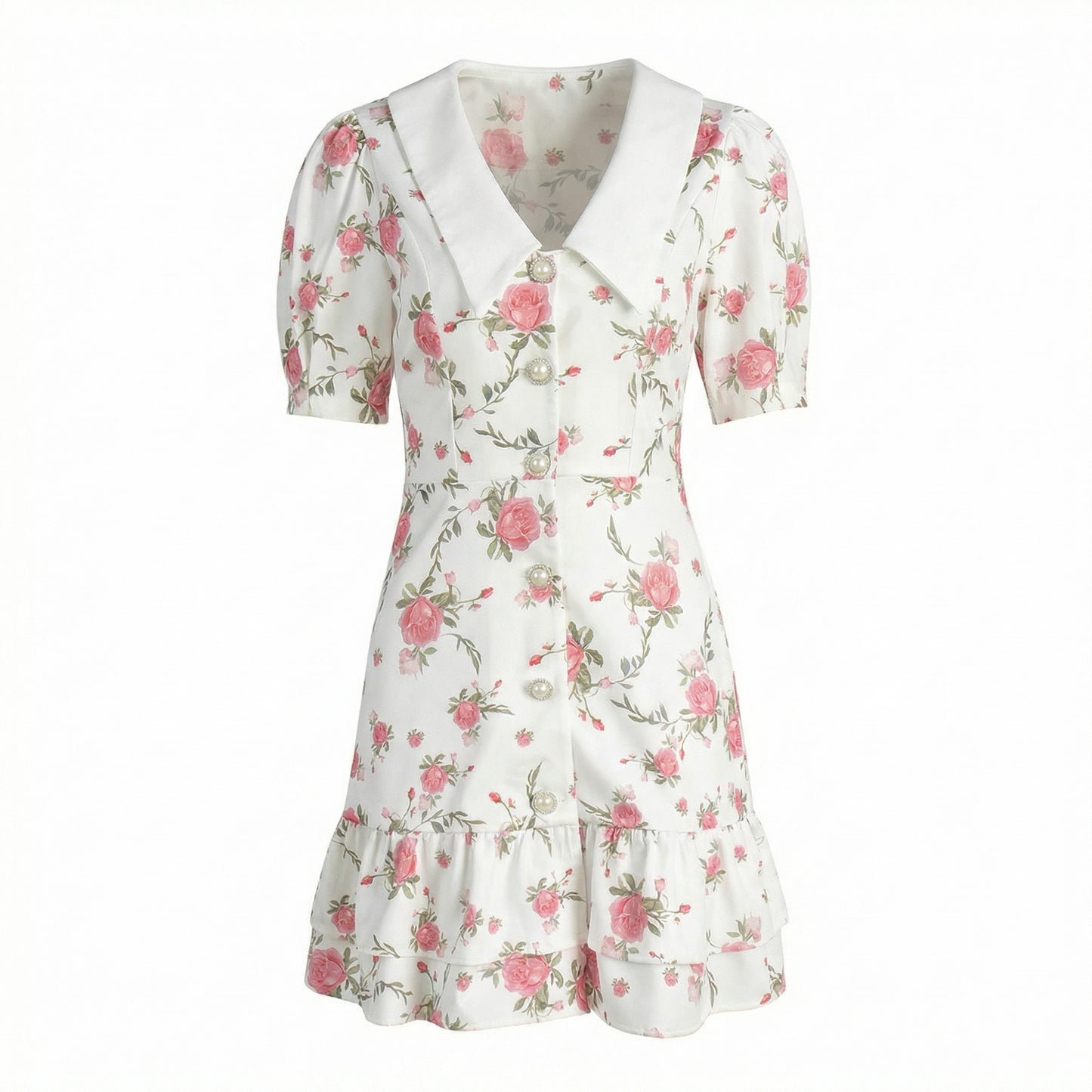 Fleur Women's Floral Puff Sleeve Mini Dress, Sailor Collar High Waist