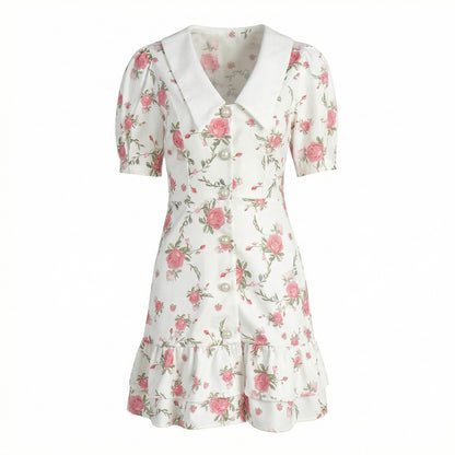Fleur Women's Floral Puff Sleeve Mini Dress, Sailor Collar High Waist