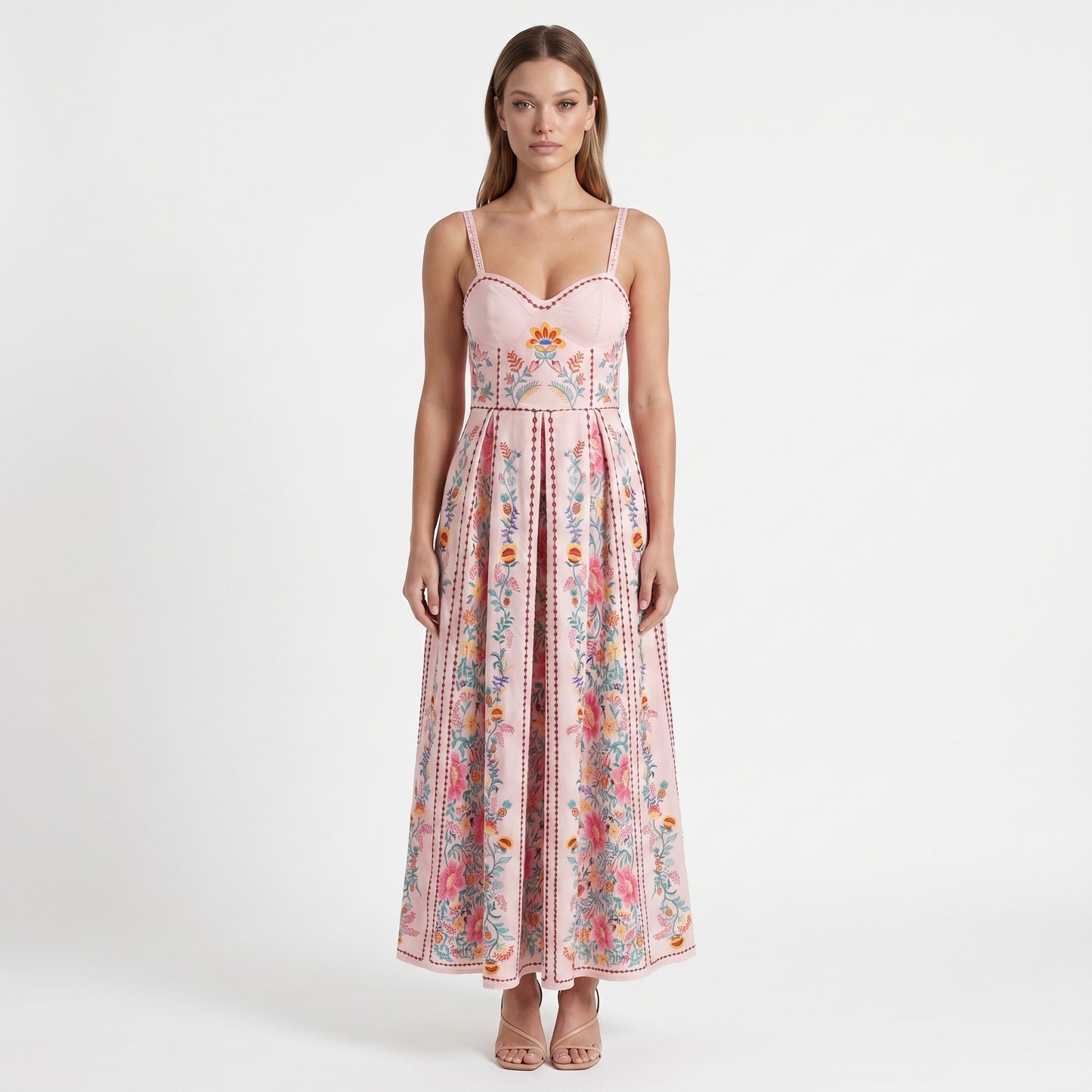 Flora Women's Maxi Dress Bead Strap Floral Print, Sweetheart