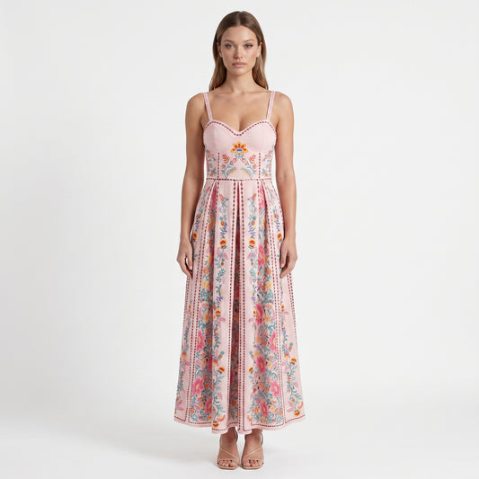Flora Women's Maxi Dress Bead Strap Floral Print, Sweetheart