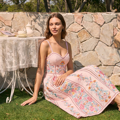 Flora Women's Maxi Dress Bead Strap Floral Print, Sweetheart