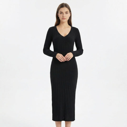 Garance | Women’s Ribbed Knit Long-Sleeve Maxi Dress with Tie-Back