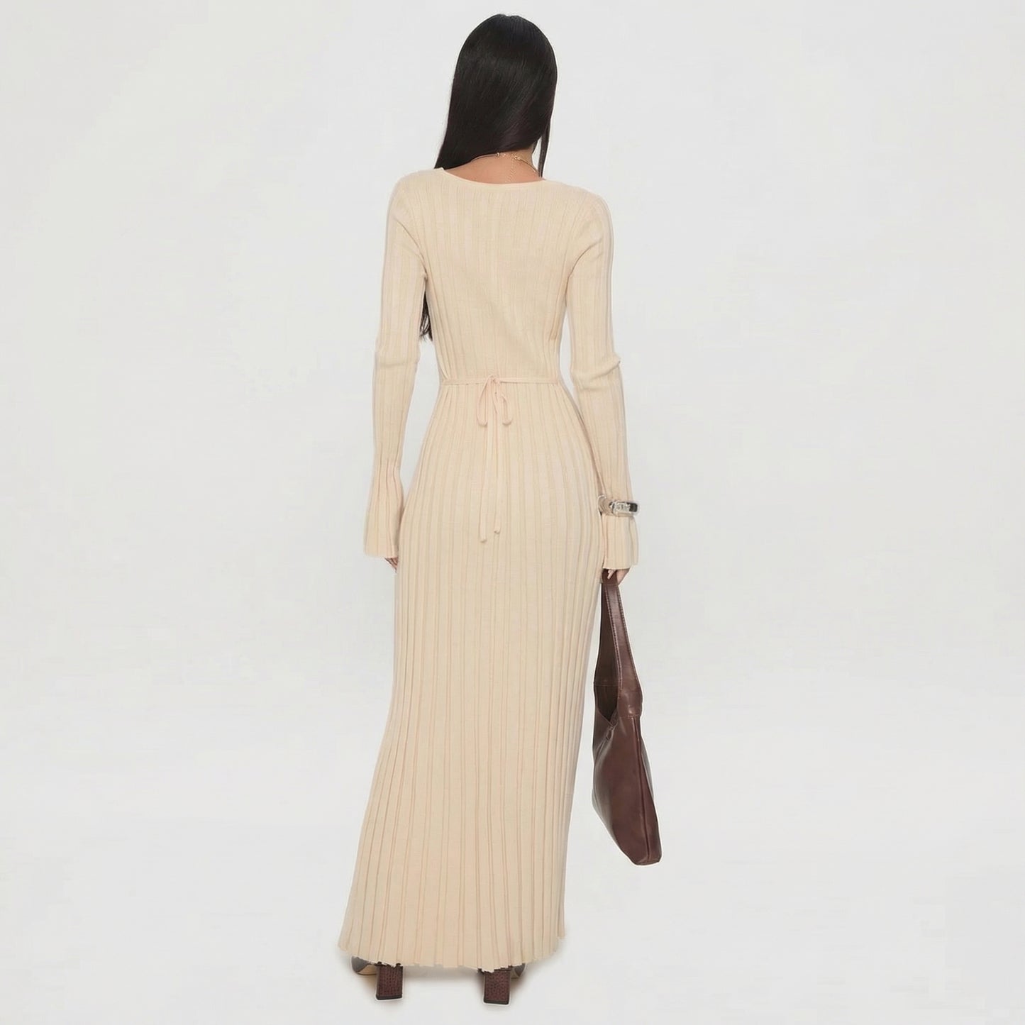 Garance | Women’s Ribbed Knit Long-Sleeve Maxi Dress with Tie-Back