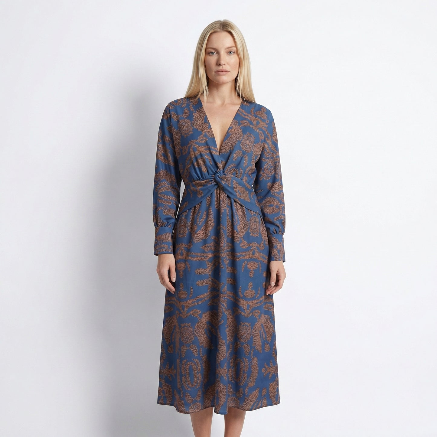 Indira Women's Printed Knot Front Midi Dress, Long Sleeve V-Neck