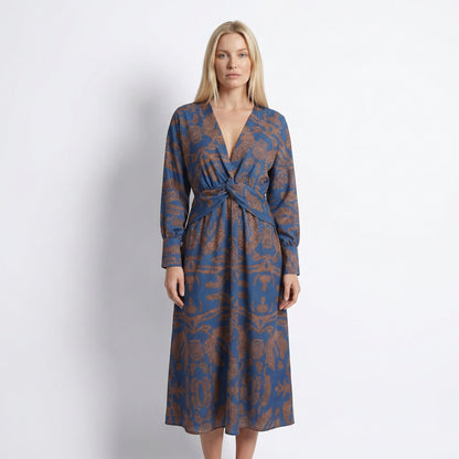 Indira Women's Printed Knot Front Midi Dress, Long Sleeve V-Neck