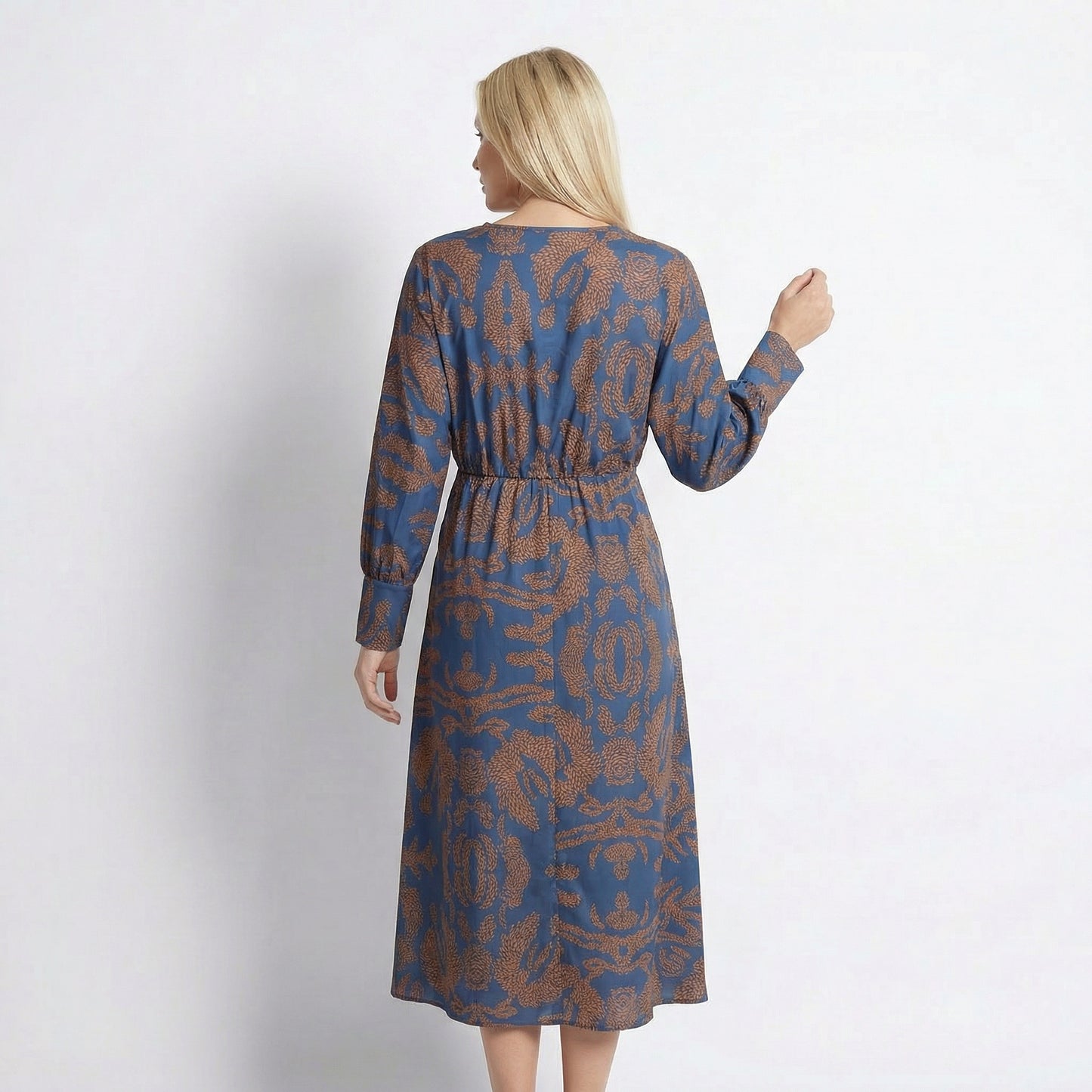 Indira Women's Printed Knot Front Midi Dress, Long Sleeve V-Neck