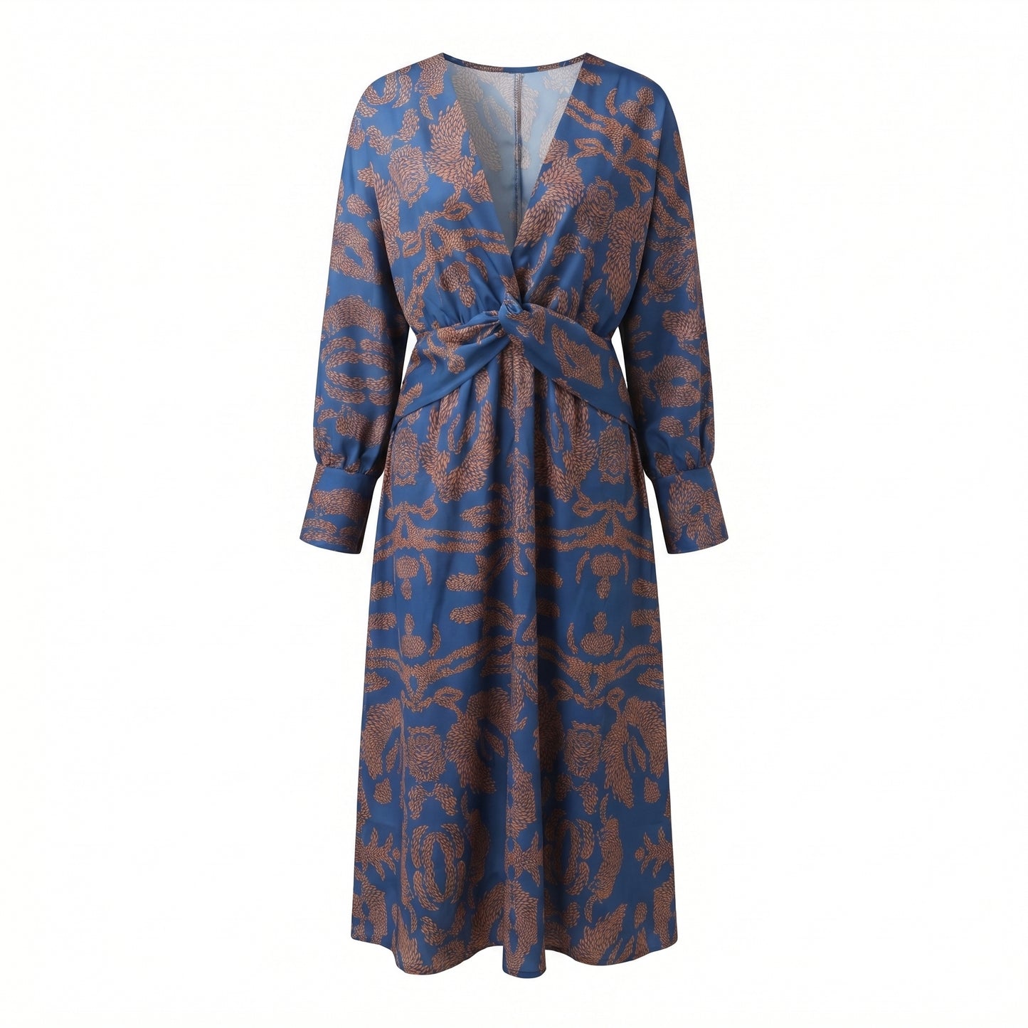 Indira Women's Printed Knot Front Midi Dress, Long Sleeve V-Neck
