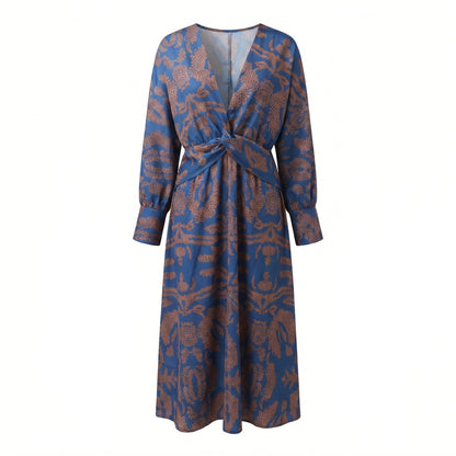 Indira Women's Printed Knot Front Midi Dress, Long Sleeve V-Neck