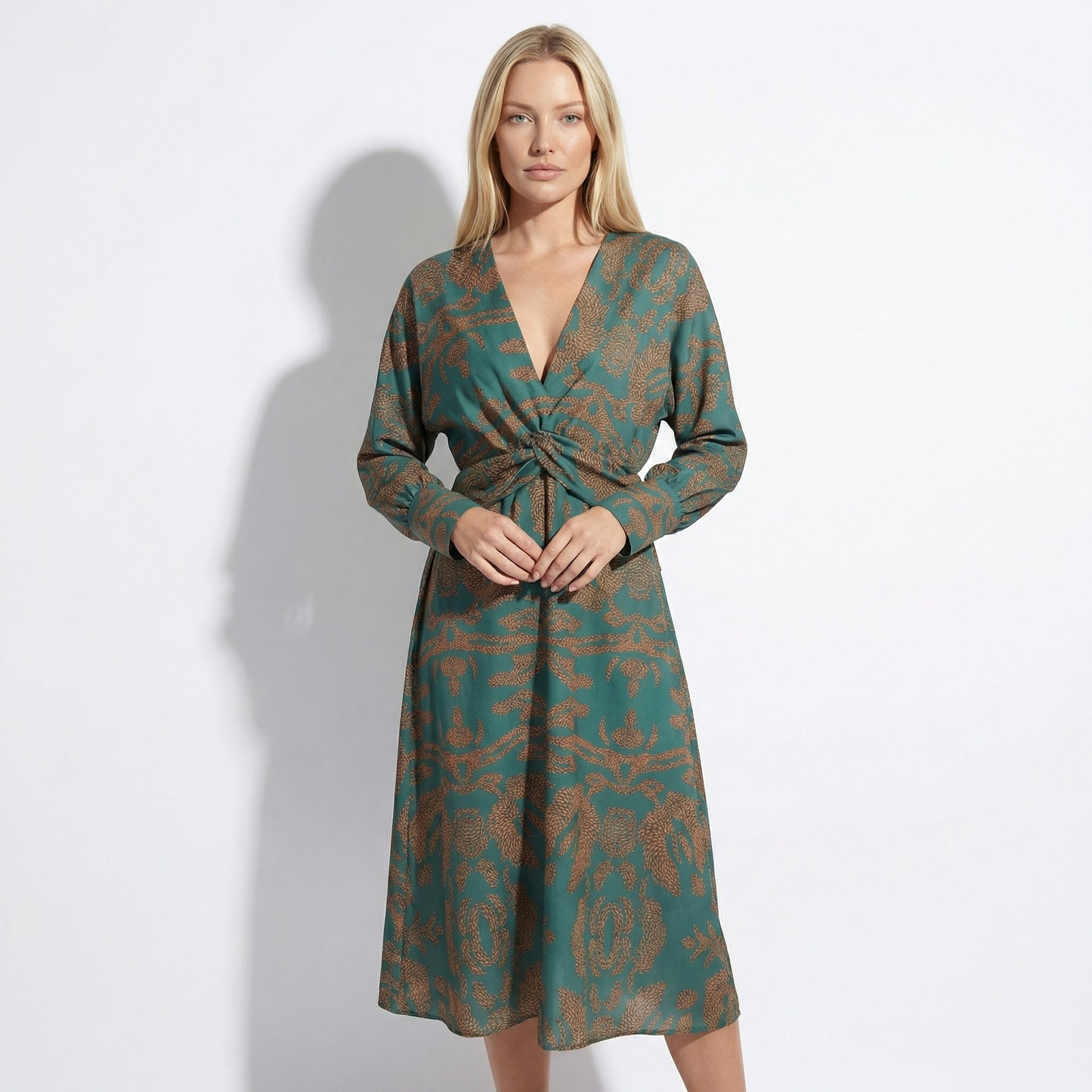 Indira Women's Printed Knot Front Midi Dress, Long Sleeve V-Neck