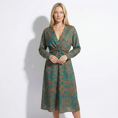 Indira Women's Printed Knot Front Midi Dress, Long Sleeve V-Neck