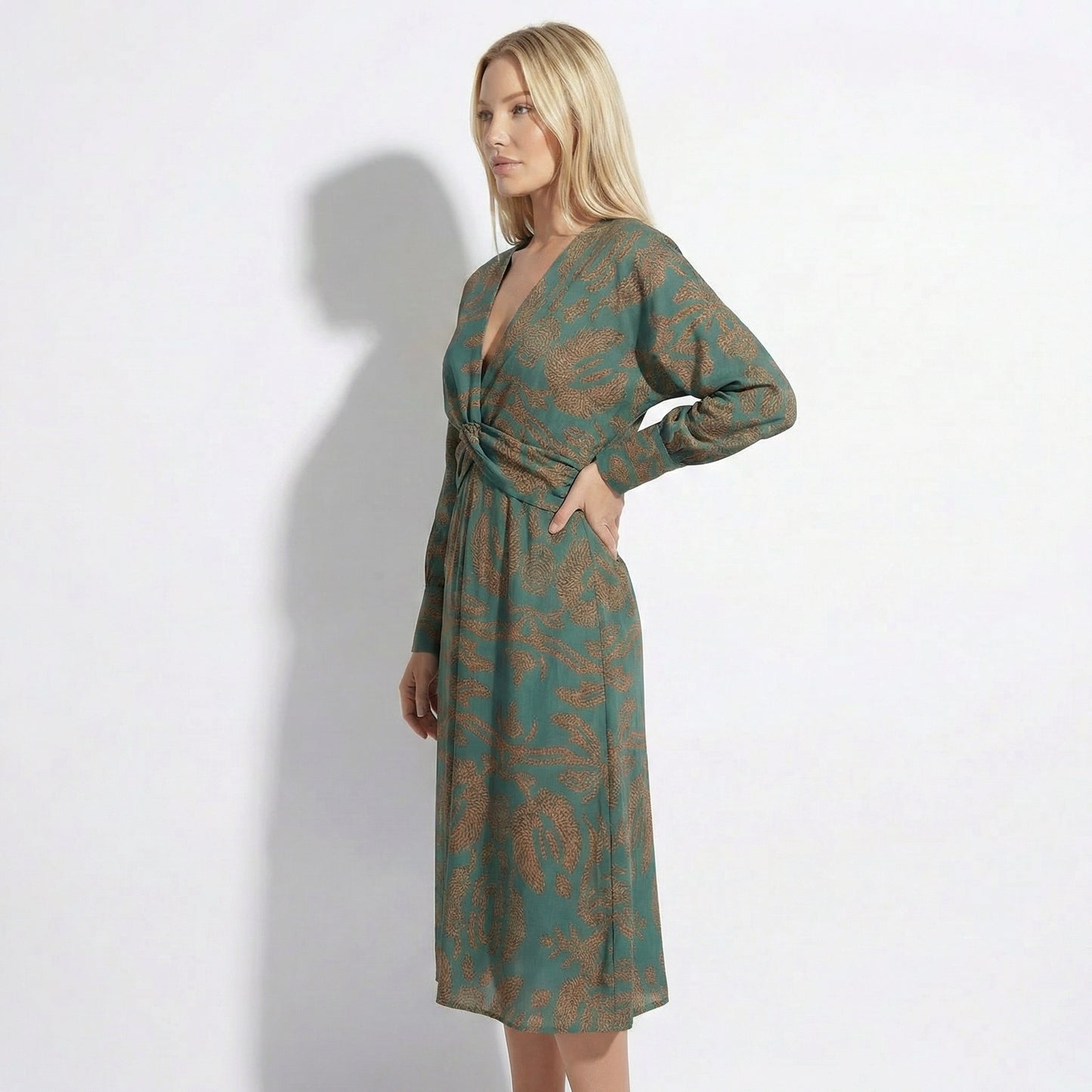 Indira Women's Printed Knot Front Midi Dress, Long Sleeve V-Neck