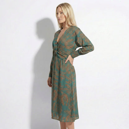 Indira Women's Printed Knot Front Midi Dress, Long Sleeve V-Neck