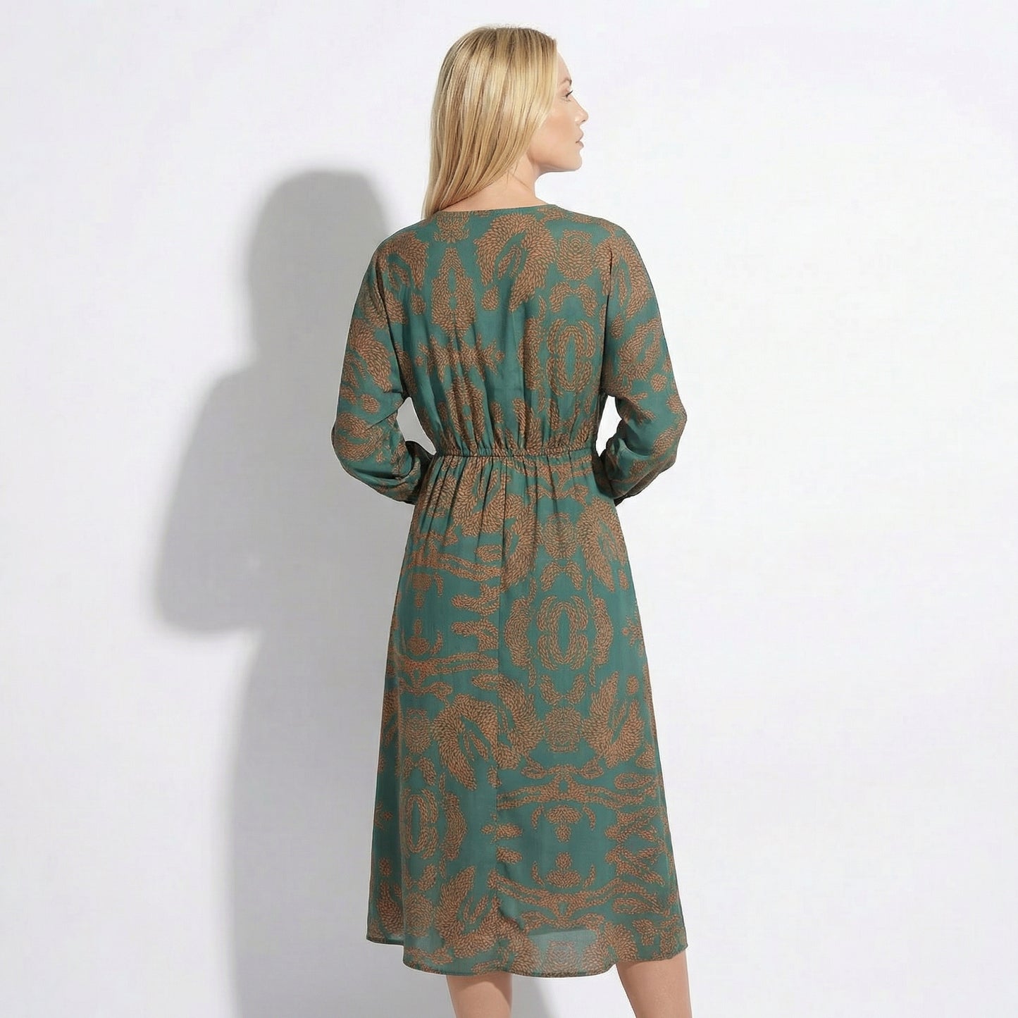Indira Women's Printed Knot Front Midi Dress, Long Sleeve V-Neck