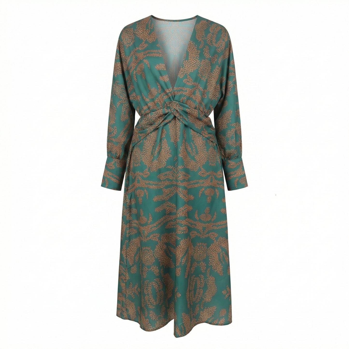 Indira Women's Printed Knot Front Midi Dress, Long Sleeve V-Neck