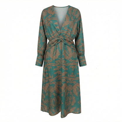Indira Women's Printed Knot Front Midi Dress, Long Sleeve V-Neck