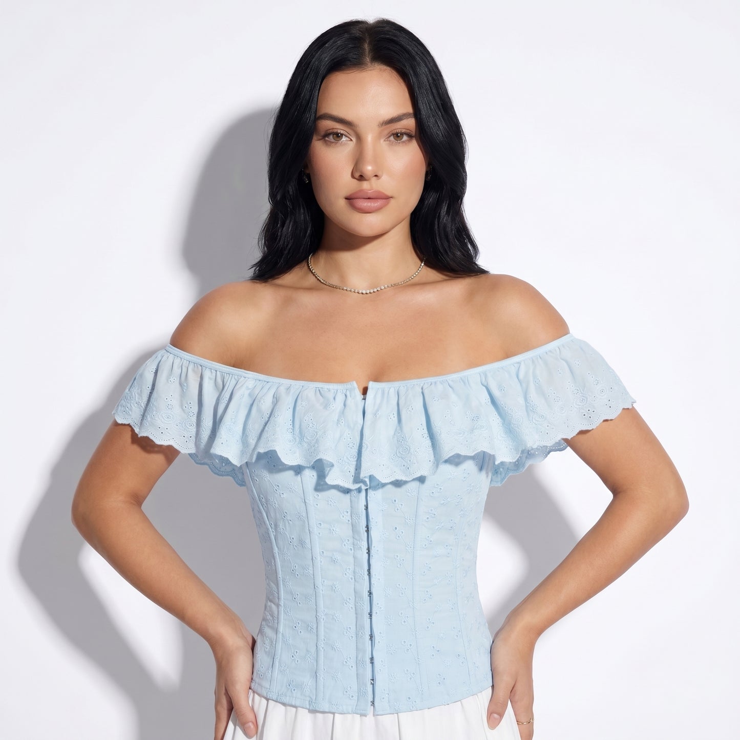 Ines Women's Off Shoulder Ruffle Crop Top, Button Front Corset Style