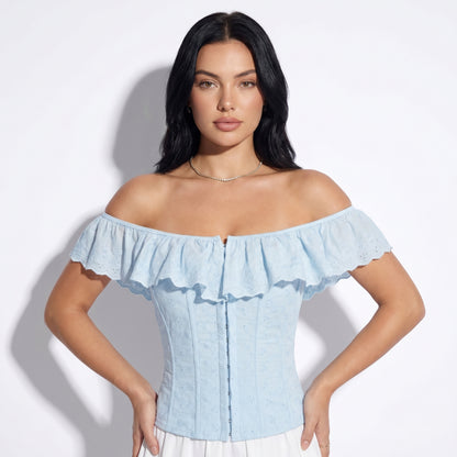Ines Women's Off Shoulder Ruffle Crop Top, Button Front Corset Style