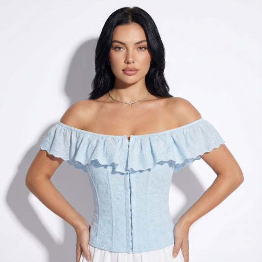 Ines Women's Off Shoulder Ruffle Crop Top, Button Front Corset Style