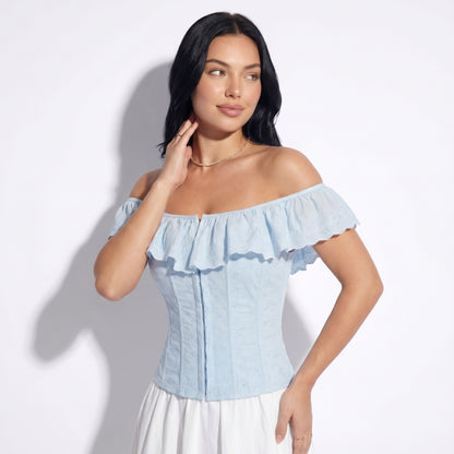 Ines Women's Off Shoulder Ruffle Crop Top, Button Front Corset Style