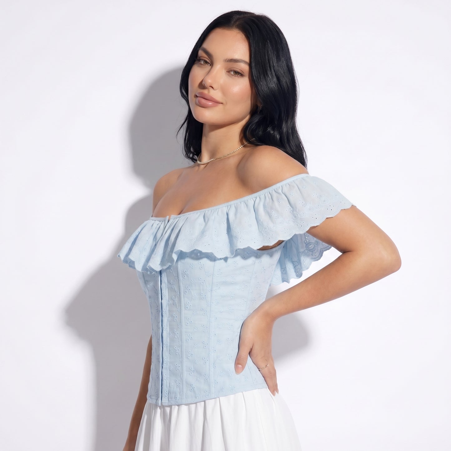 Ines Women's Off Shoulder Ruffle Crop Top, Button Front Corset Style
