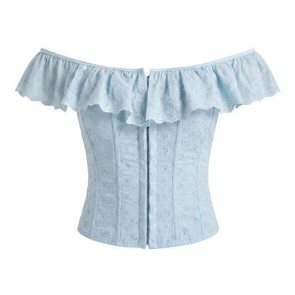 Ines Women's Off Shoulder Ruffle Crop Top, Button Front Corset Style