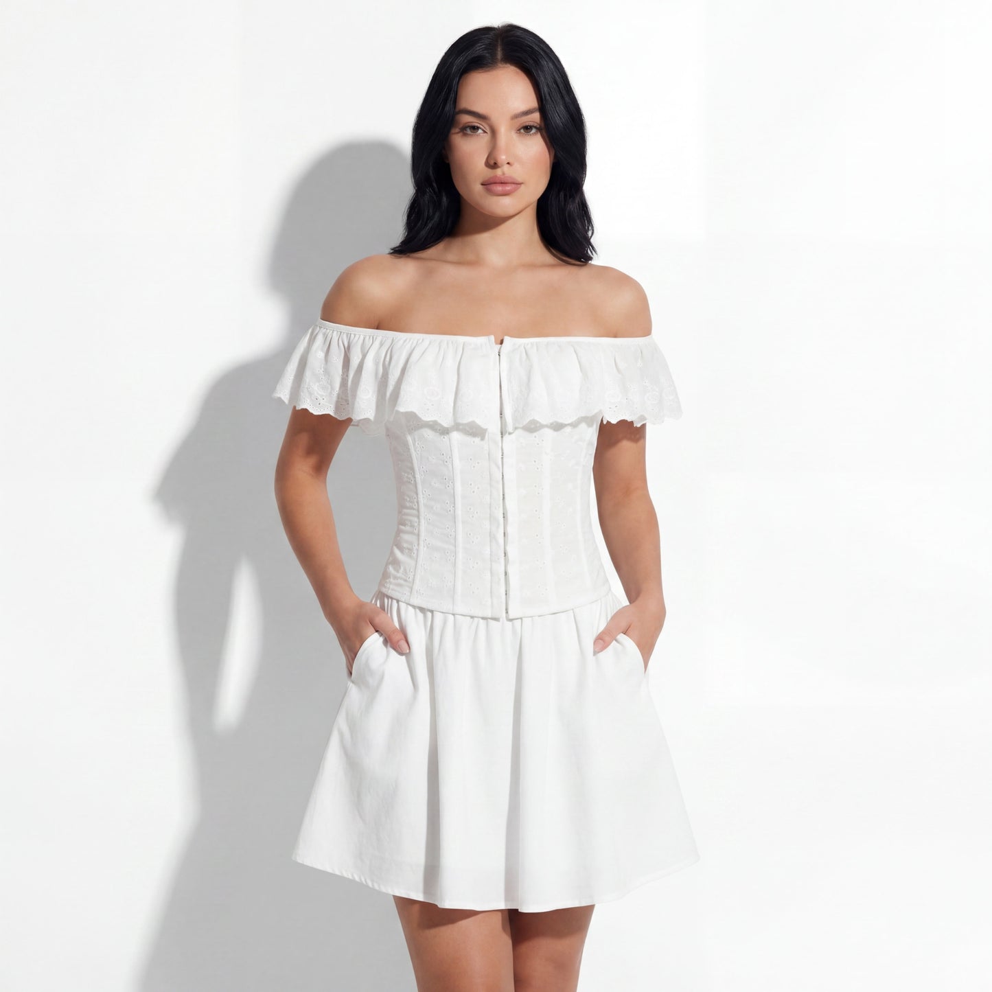 Ines Women's Off Shoulder Ruffle Crop Top, Button Front Corset Style