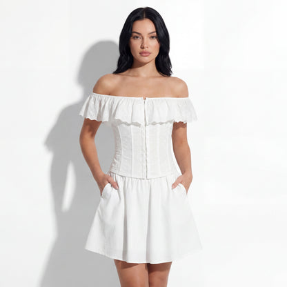 Ines Women's Off Shoulder Ruffle Crop Top, Button Front Corset Style
