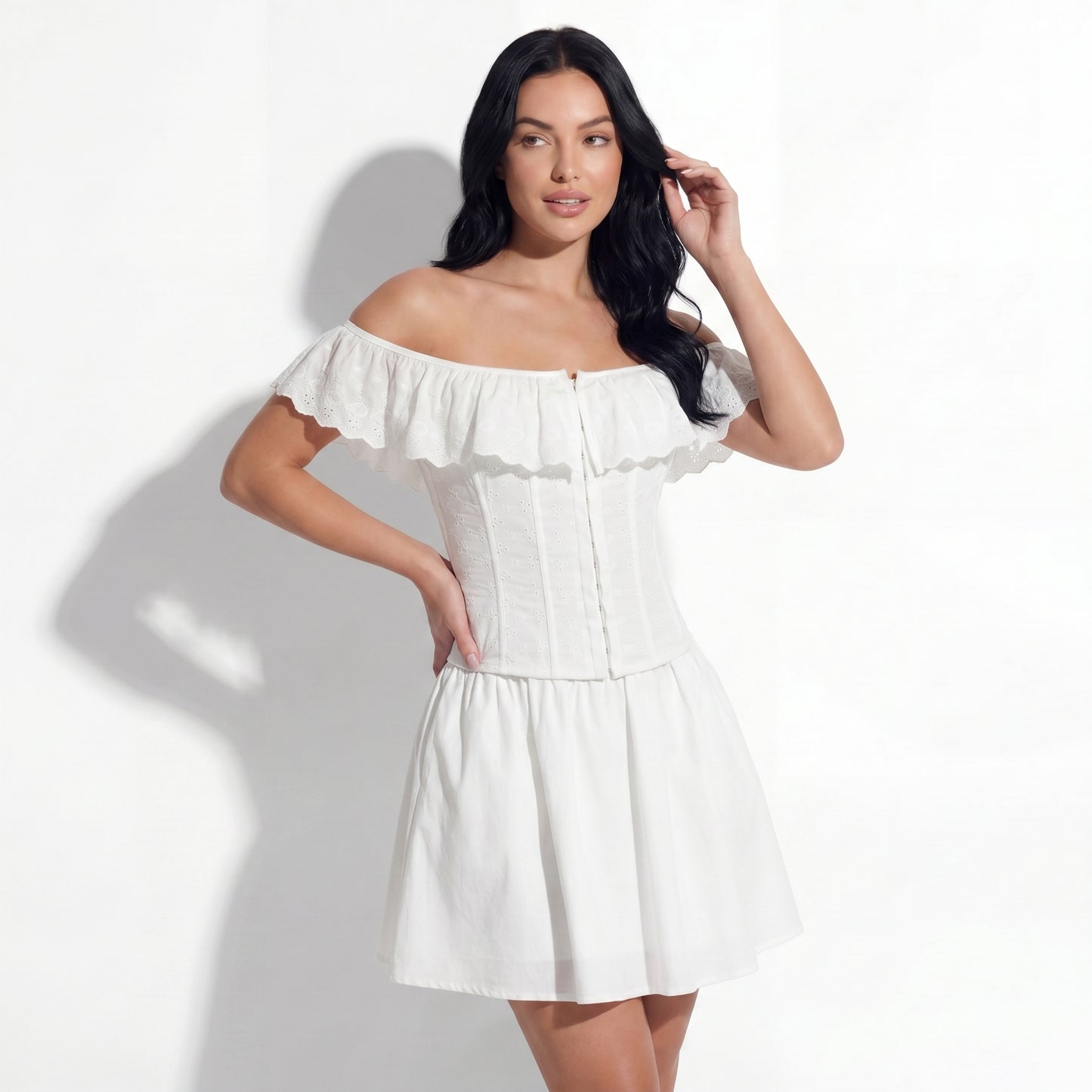 Ines Women's Off Shoulder Ruffle Crop Top, Button Front Corset Style