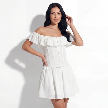 Ines Women's Off Shoulder Ruffle Crop Top, Button Front Corset Style