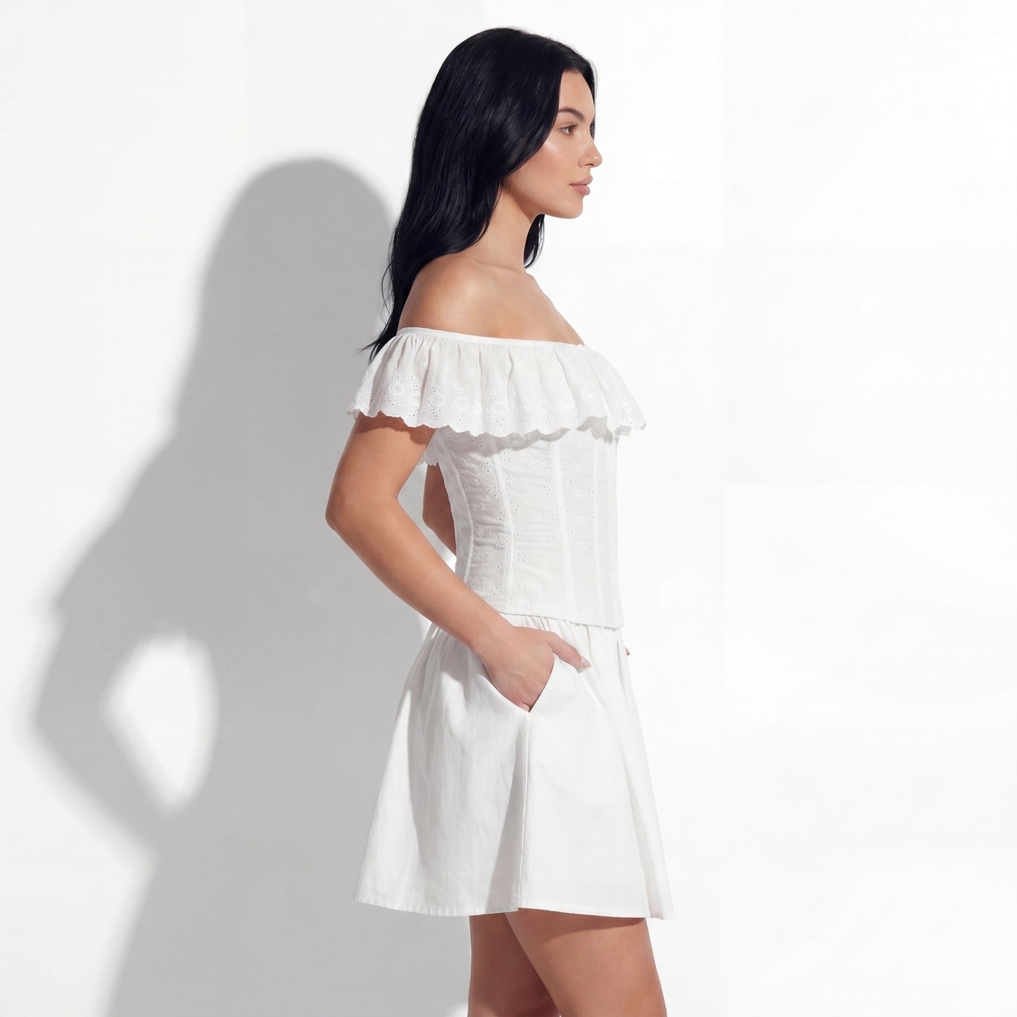 Ines Women's Off Shoulder Ruffle Crop Top, Button Front Corset Style