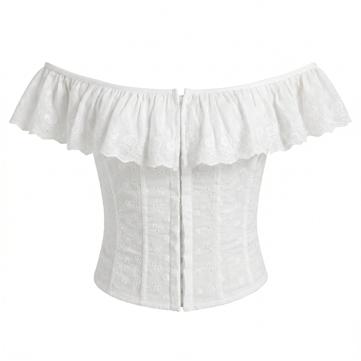 Ines Women's Off Shoulder Ruffle Crop Top, Button Front Corset Style