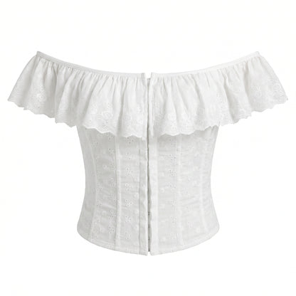 Ines Women's Off Shoulder Ruffle Crop Top, Button Front Corset Style
