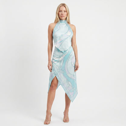 Isla Women's Two-Piece Set Halter Top, Printed Wrap Skirt
