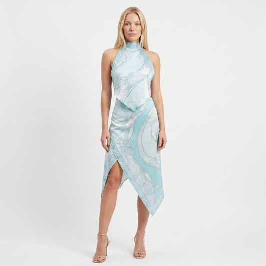 Isla Women's Two-Piece Set Halter Top, Printed Wrap Skirt