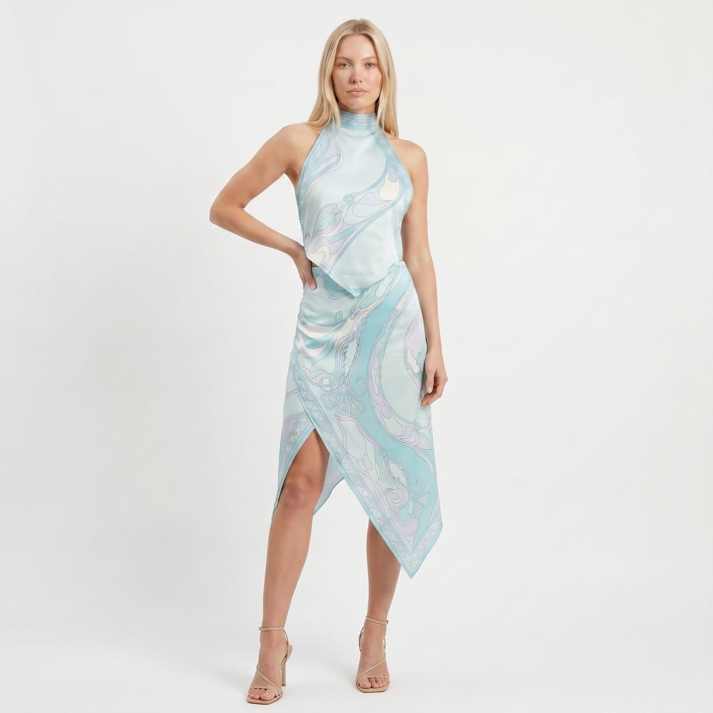 Isla Women's Two-Piece Set Halter Top, Printed Wrap Skirt