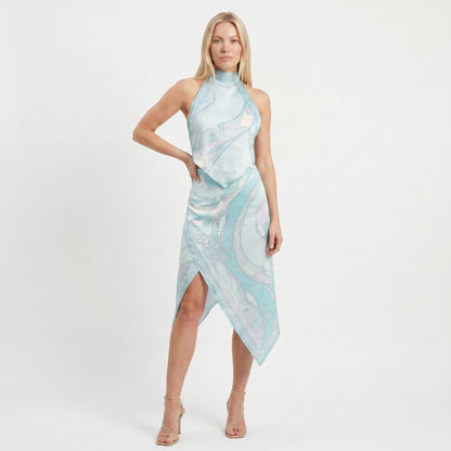 Isla Women's Two-Piece Set Halter Top, Printed Wrap Skirt