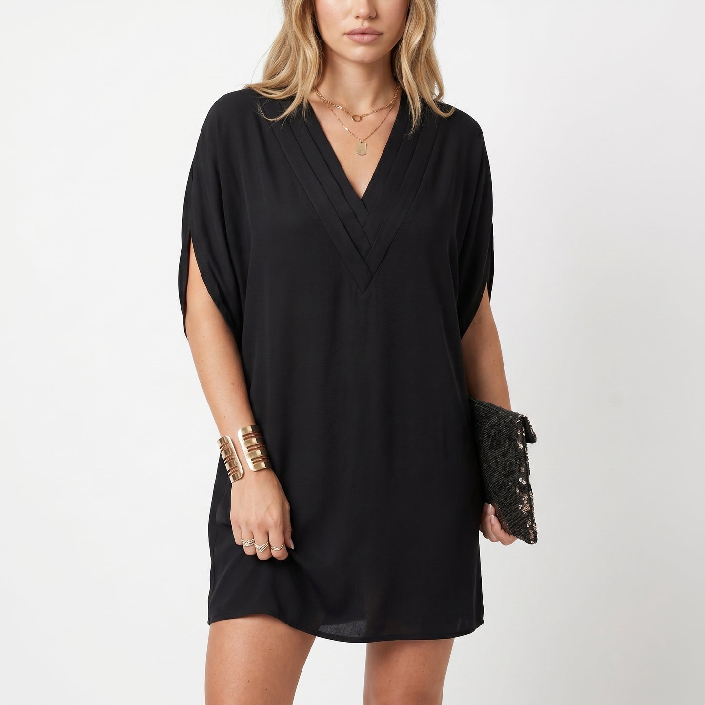 Lena Women's Mini Dress Batwing Sleeve Pleated, V-Neck