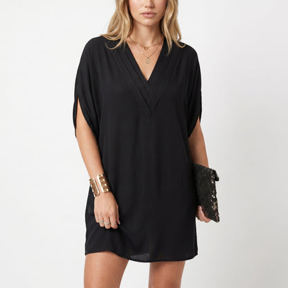Lena Women's Mini Dress Batwing Sleeve Pleated, V-Neck