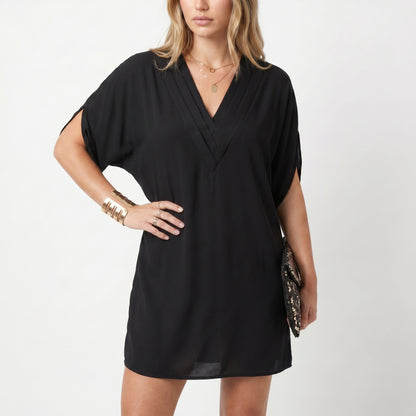 Lena Women's Mini Dress Batwing Sleeve Pleated, V-Neck