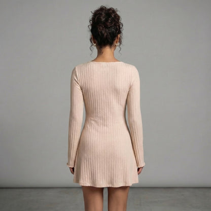 Léonie | Women’s Ribbed Knit Long-Sleeve Mini Dress with Tie Neck