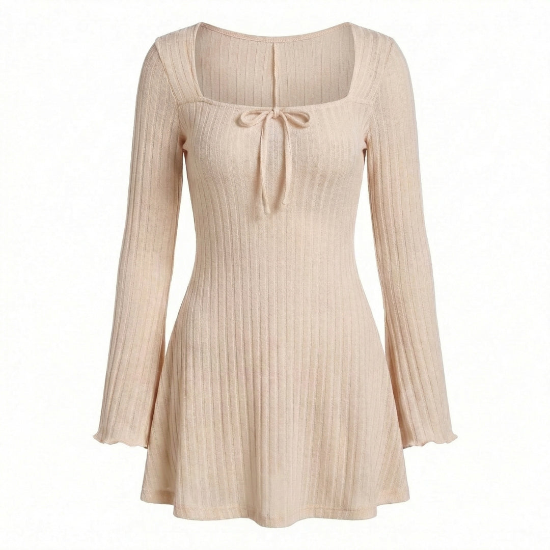 Léonie | Women’s Ribbed Knit Long-Sleeve Mini Dress with Tie Neck