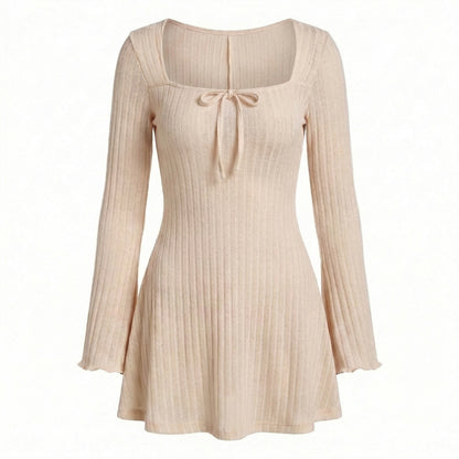 Léonie | Women’s Ribbed Knit Long-Sleeve Mini Dress with Tie Neck