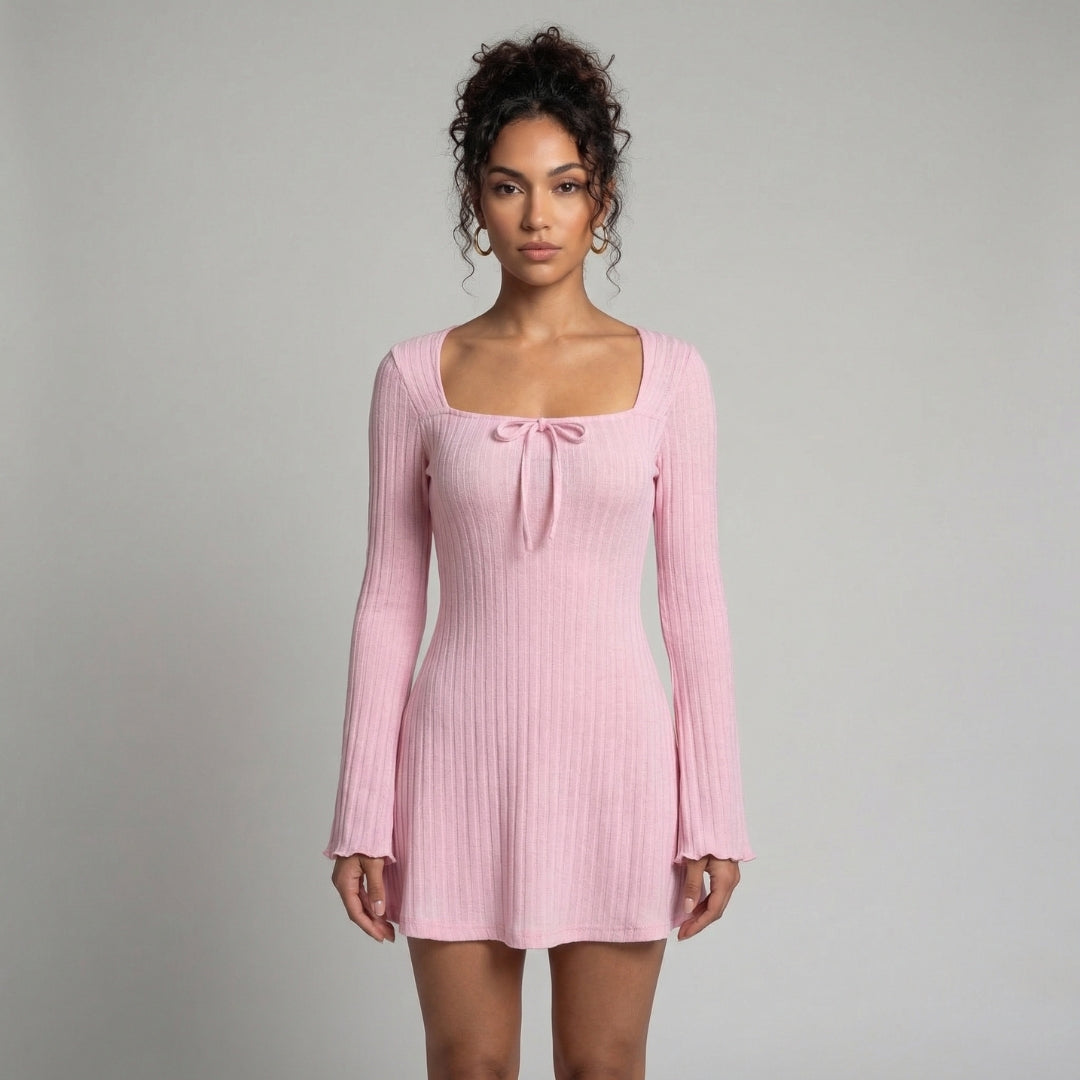 Léonie | Women’s Ribbed Knit Long-Sleeve Mini Dress with Tie Neck
