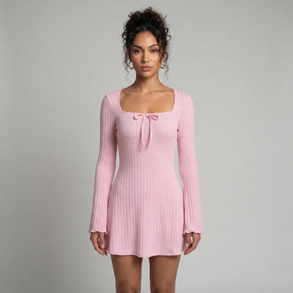 Léonie | Women’s Ribbed Knit Long-Sleeve Mini Dress with Tie Neck