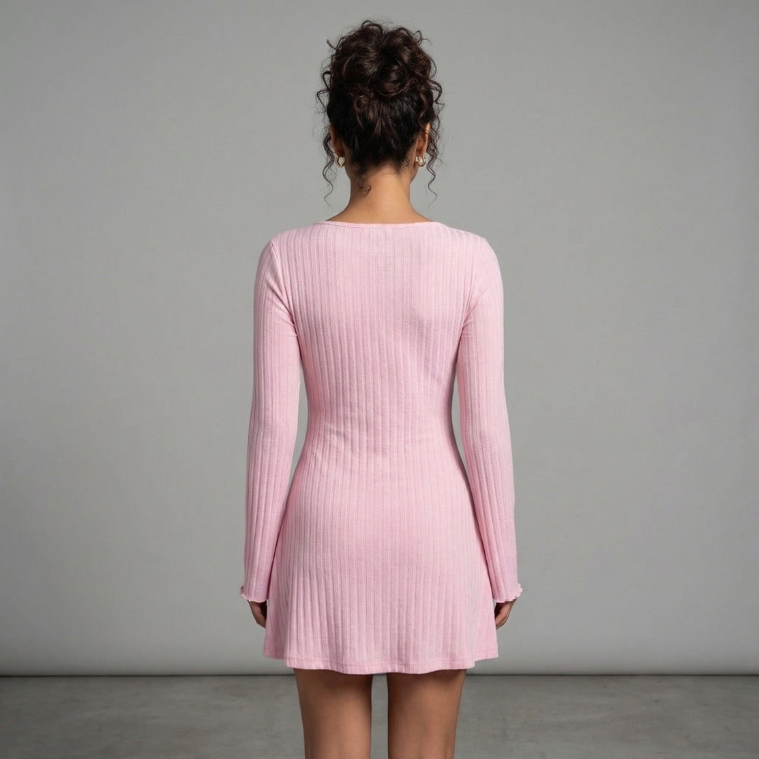 Léonie | Women’s Ribbed Knit Long-Sleeve Mini Dress with Tie Neck