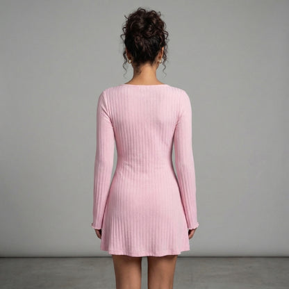 Léonie | Women’s Ribbed Knit Long-Sleeve Mini Dress with Tie Neck