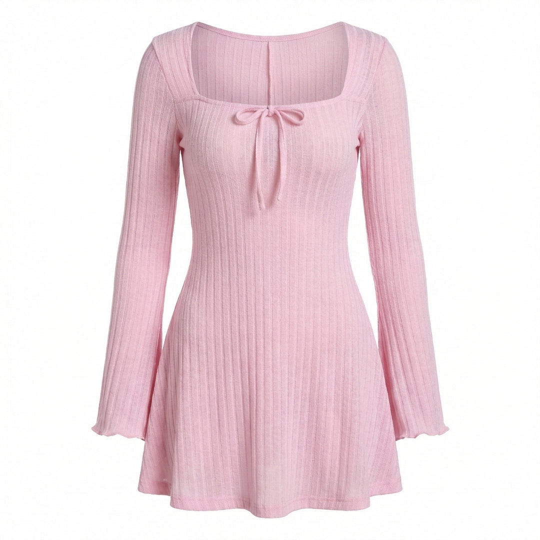 Léonie | Women’s Ribbed Knit Long-Sleeve Mini Dress with Tie Neck