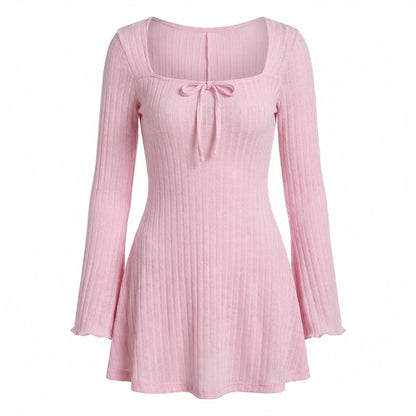 Léonie | Women’s Ribbed Knit Long-Sleeve Mini Dress with Tie Neck