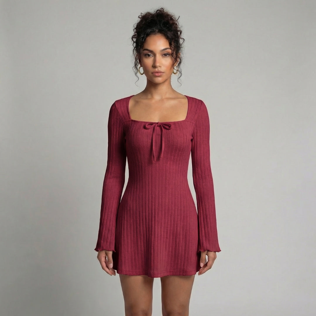 Léonie | Women’s Ribbed Knit Long-Sleeve Mini Dress with Tie Neck
