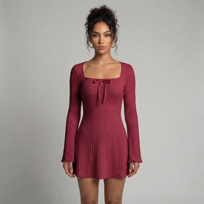 Léonie | Women’s Ribbed Knit Long-Sleeve Mini Dress with Tie Neck
